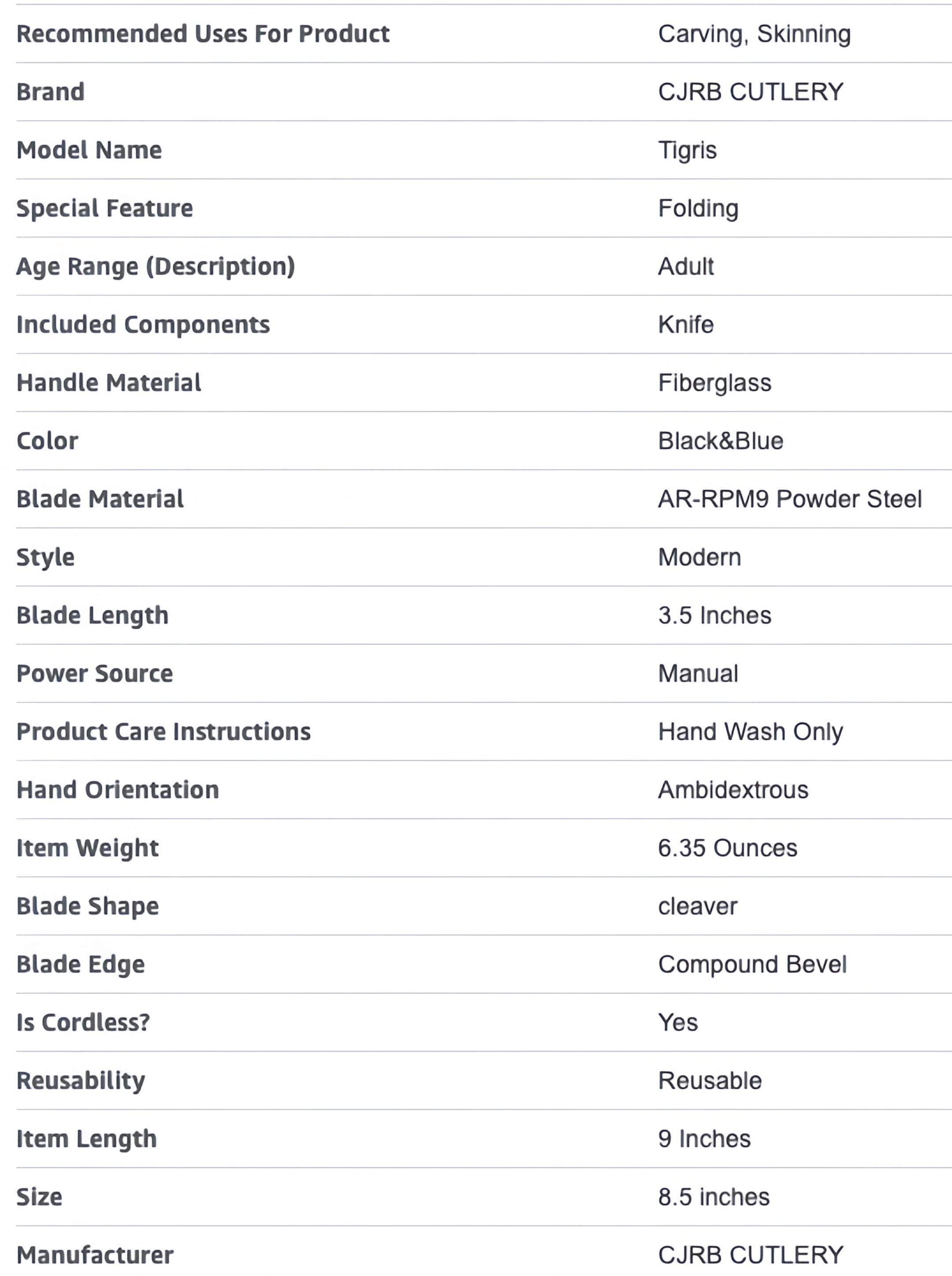 CJRB Tactical Knife Tigris AR-RPM9 Steel Black PVD Blade Black&Blue G10 Handle Emergency Tool for Camping EDC, Survival Tools and Survival Gear