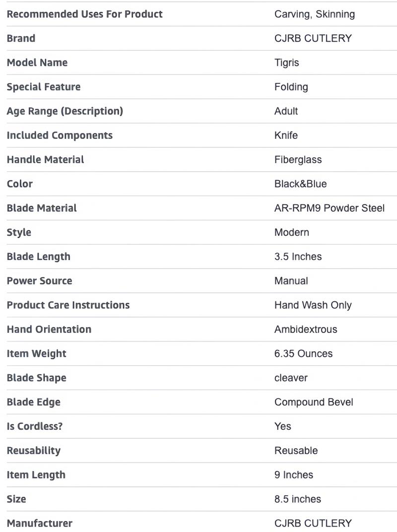 CJRB Tactical Knife Tigris AR-RPM9 Steel Black PVD Blade Black&Blue G10 Handle Emergency Tool for Camping EDC, Survival Tools and Survival Gear