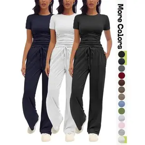 Women's Solid Round Neck Tee & Pants Loungewear Two/Six Piece Set, Lady Casual Comfy Pyjama Set for Women, Comfy Loungewear Set for Daily Home Wear Pajamas Nightwear Womenswear Homewear Pjs Minimalist