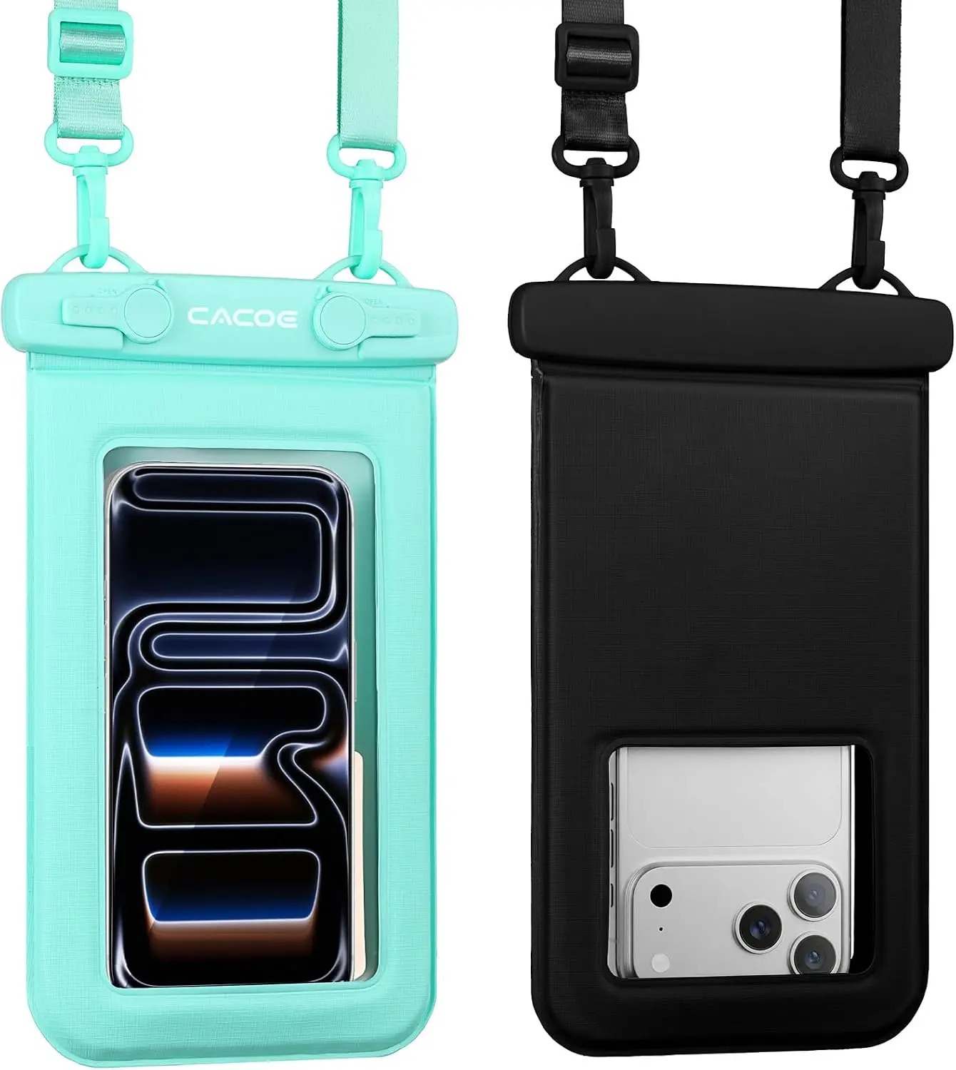 CACOE Floatable Waterproof Phone Pouch 2 Pack Up to 9.0", Black+Green | Floatable, IPX8 Waterproof Phone Case,Adjustable Lanyard,Dry Bags for Beach/Cruise/Travel/Camping/Kayak/Vacation Essentials
