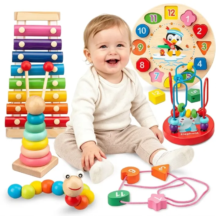 5-Piece Wooden Montessori Activity Cube,Preschool Busy Board Educational Toys,Infant Teething Toy & Sensory Bin,Multi-functional Educational Sensory Activity Board Toy Set for Boys & Girls