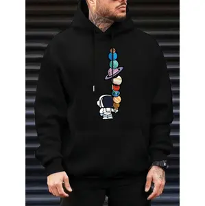 Men's Oversized Fleece-Lined Hoodie With Astronaut And Space Graphic For Winter Streetwear Fashion