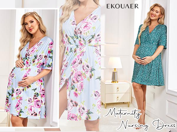 Ekouaer 3 in 1 Labor Delivery Hospital Gown Maternity Dress Nursing Plus Size S-XXL Skin Friendly Elastic Waistline V Neck Design Postpartum Outfit