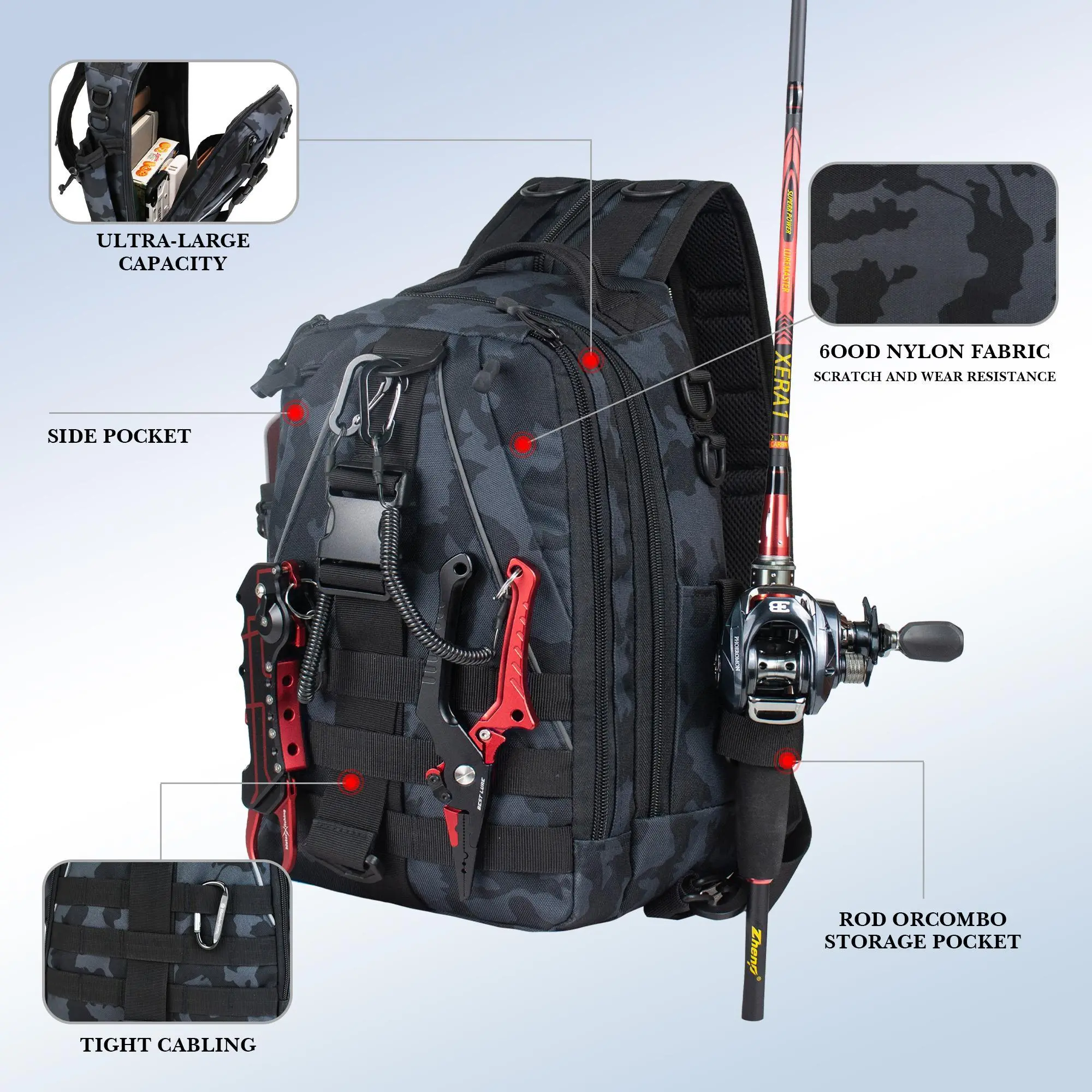 Convertible Fishing Backpack, Water-Resistant 1000D Nylon Tackle Bag for Men, Outdoor Fishing Accessory with Rod Holder and Molle Straps(Accessories not included), Fishing Gear Supplies, Multifunctional Fishing Accessories