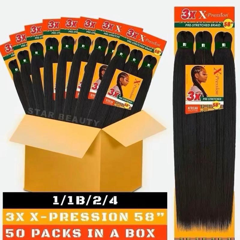 Star Beauty 3X X-Pression 58" Pre-Stretched Braid 1/1B/2/4 50 Packs in a Box African American Hair Extensions