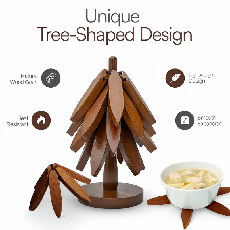 Natural Tree-Shaped Wooden Decorative Trivets Set - 4 Trivets & 1 Stand, 450°F Heat Guard Kitchenware, 7.8in High Density Solid Wood, Foldable Textured Rustic Multi-Use Mat for Pots,Pans,Cups, Decor Kitchen Accessories, Birthday French Country Gift