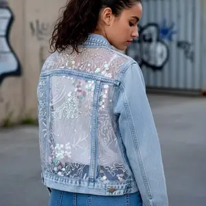Light Blue Custom Embroidered Denim Jacket for Women Sequins Lace Jean Festival Outfit with Unique Mesh Back and Iridescent Accents