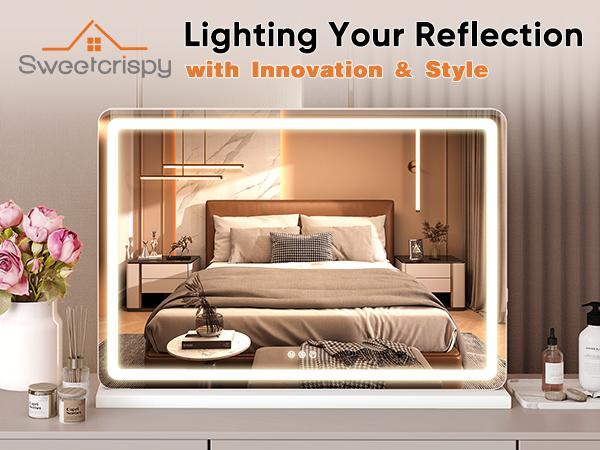 Vanity Mirror with Lights, LED Makeup Mirror with Dimmable 3 Color Modes, Touch Screen Control Vanity Based Mirror Desk Mirror Square White