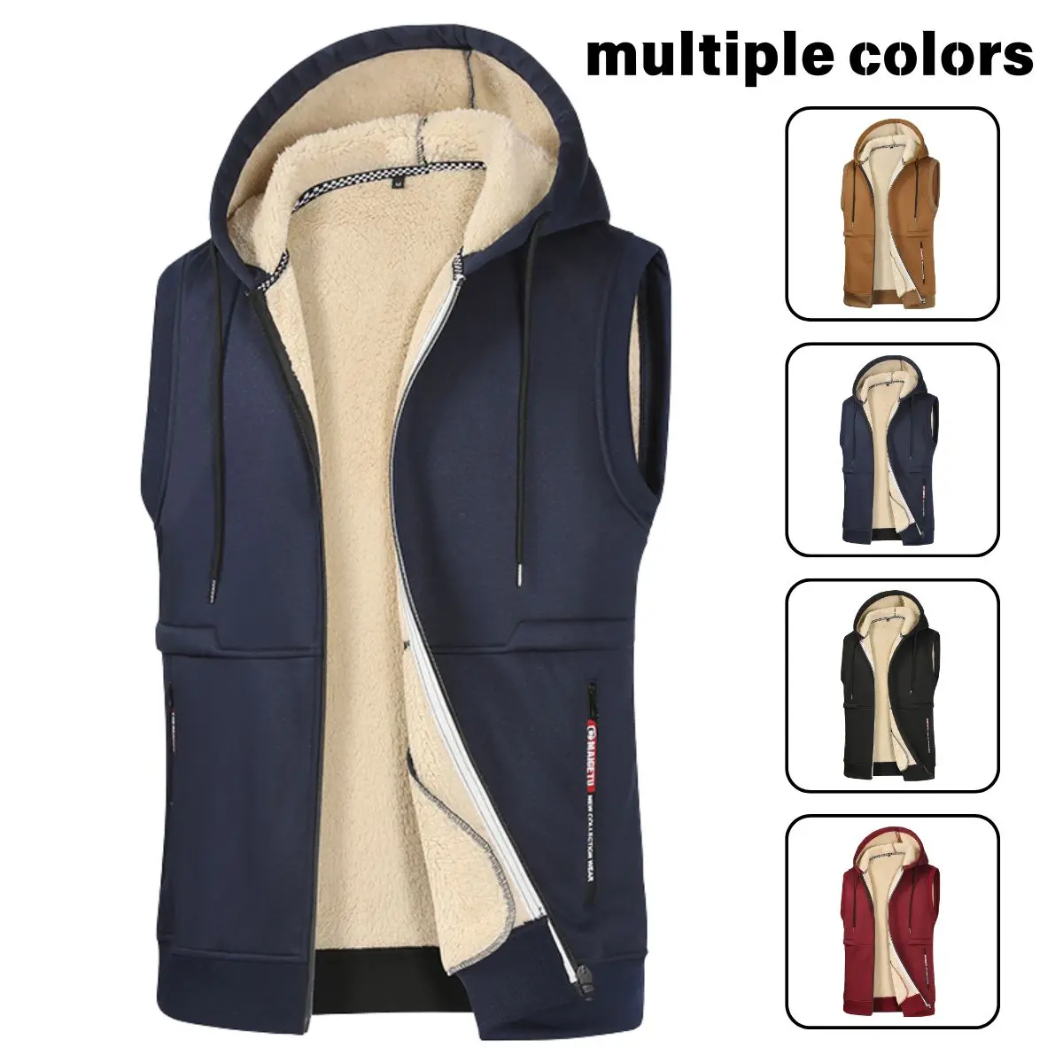Men's Plain Plush Lambskin Sleeveless Waistcoat - Hooded Black Polyester Vest Top, Autumn Winter Warm Outdoor Casual Mens Clothes cold weather statement piece slim fit minimalist