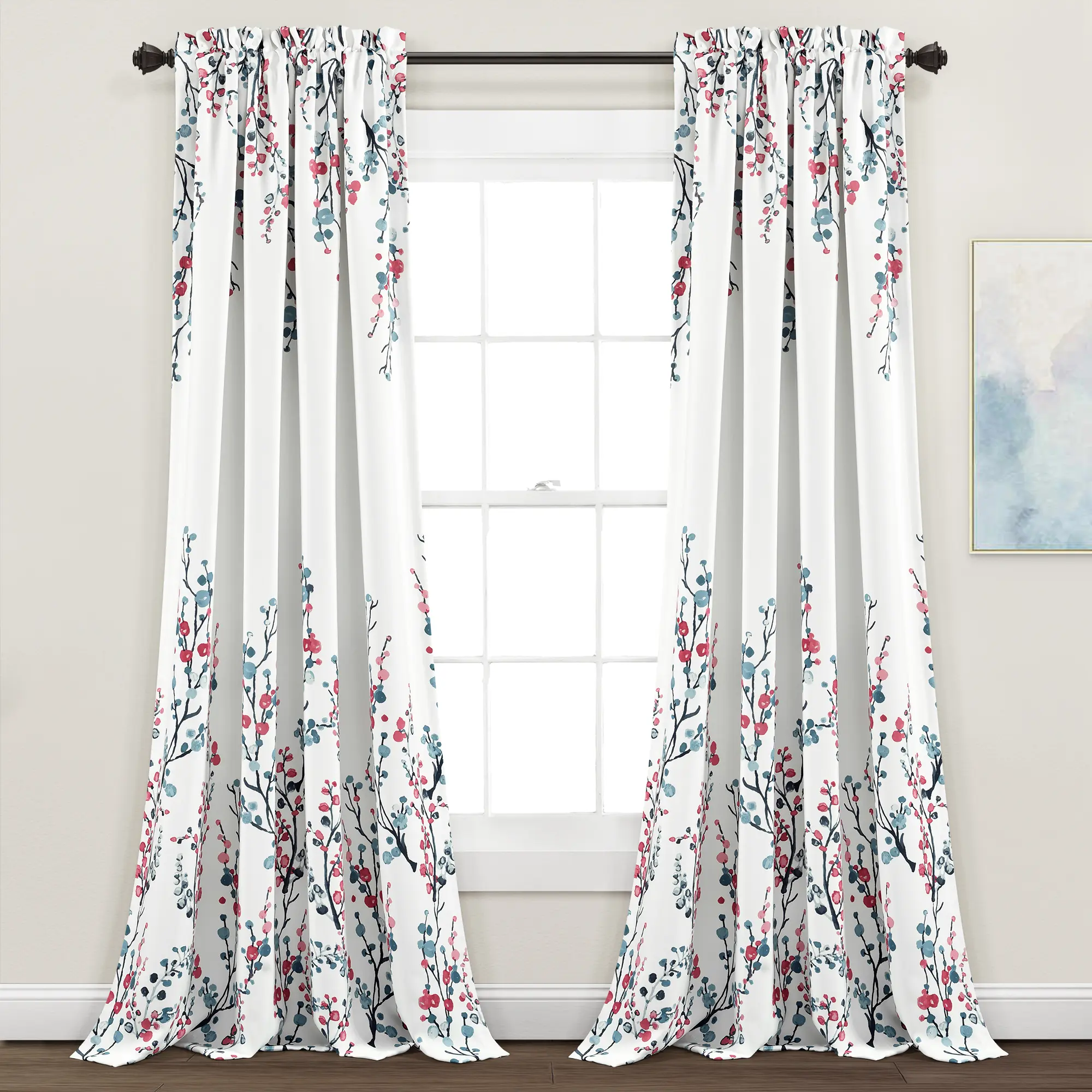 Lush Decor Mirabelle Watercolor Floral Light Filtering Window Drapes, 52x84in 2-Set Curtain Panels for Windows, Blue/Coral, Curtain For Windows