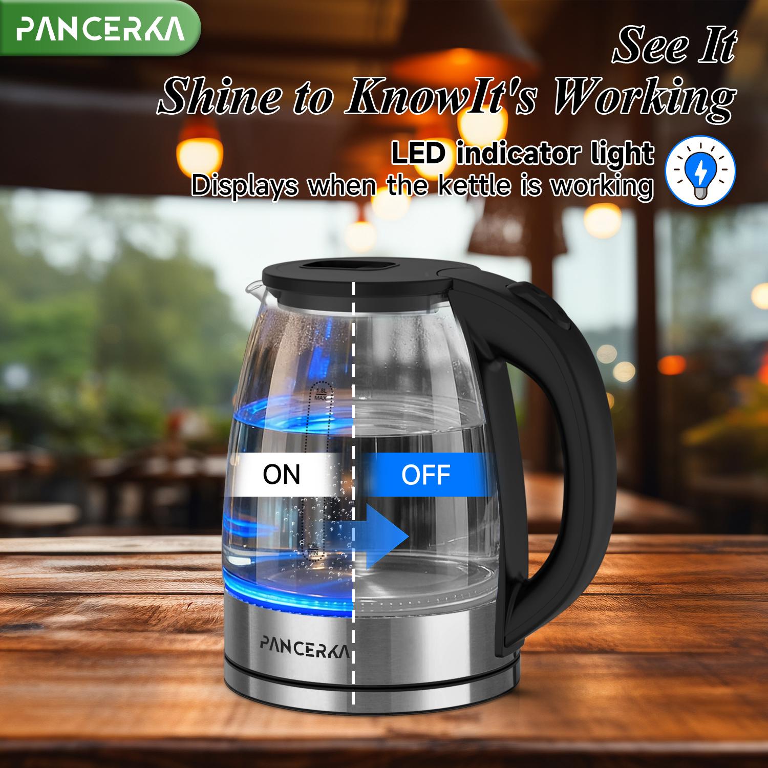 PANCERKA Electric Kettle 1.8L, 1000W Fast Boiling Tea Kettle with Auto Shut-Off, Wide Opening & BPA-Free, Stainless Steel Inner Lid & Filter for Home, Office, Tea, Coffee