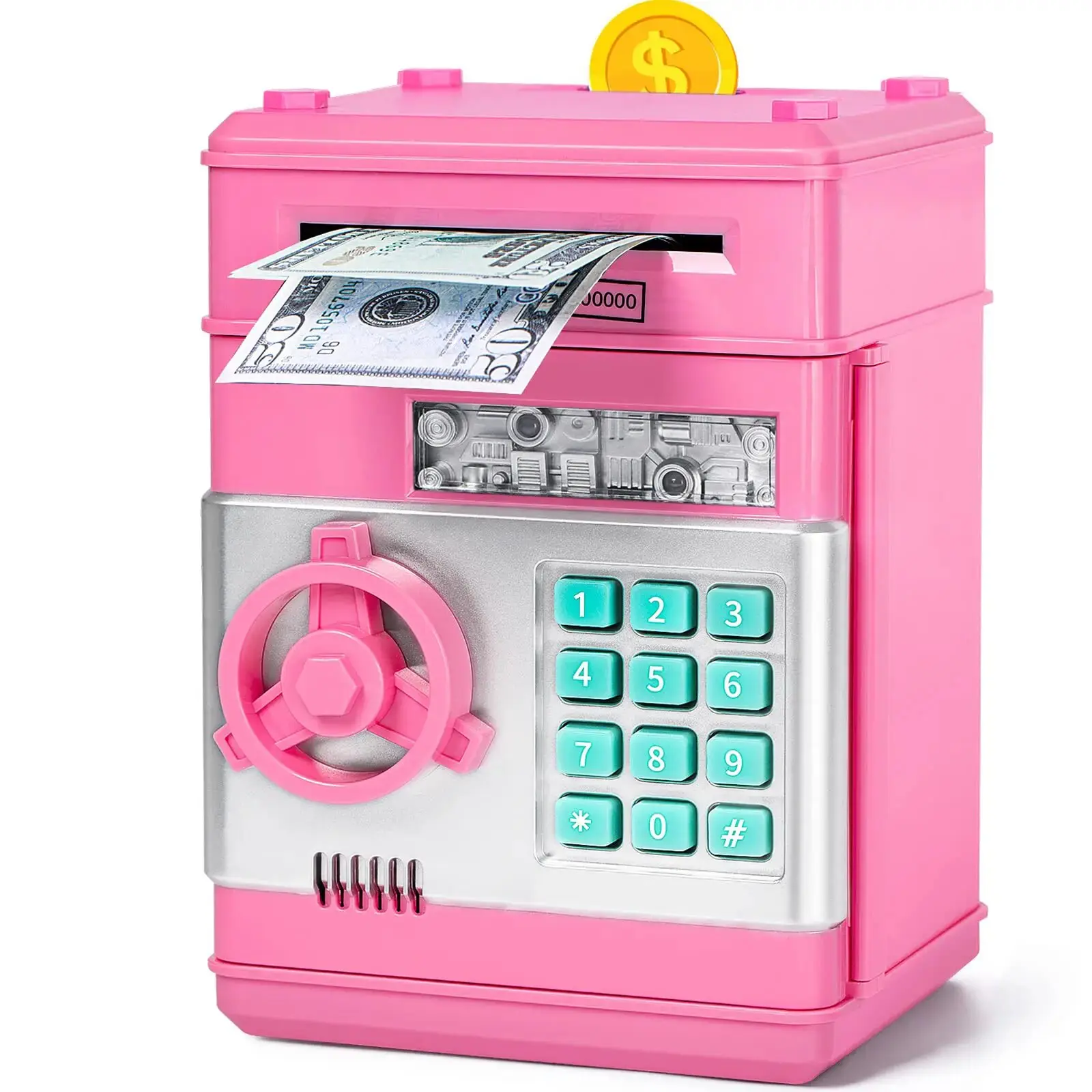 Digital Password Piggy Bank Mini ATM Safe with Auto Roll Bill, Electronic Money Saving Box for Boys & Girls Ages 3-12, Ideal Birthday & Christmas Gift for Kids