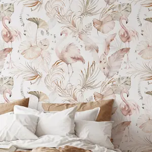 Watercolor Boho Pink Flamingo Wallpaper | Tropical Leaves