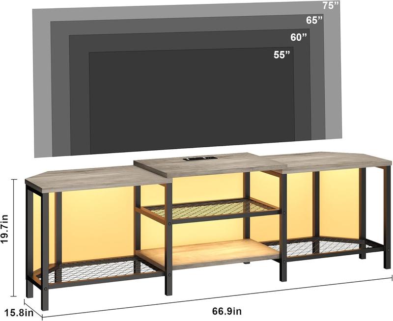 TV Stand for TVs up to 75 Inch, Corner Entertainment Center with Power Outlet and LED Lights Open Storage Shelves, Media Console for Living Room, Bedroom