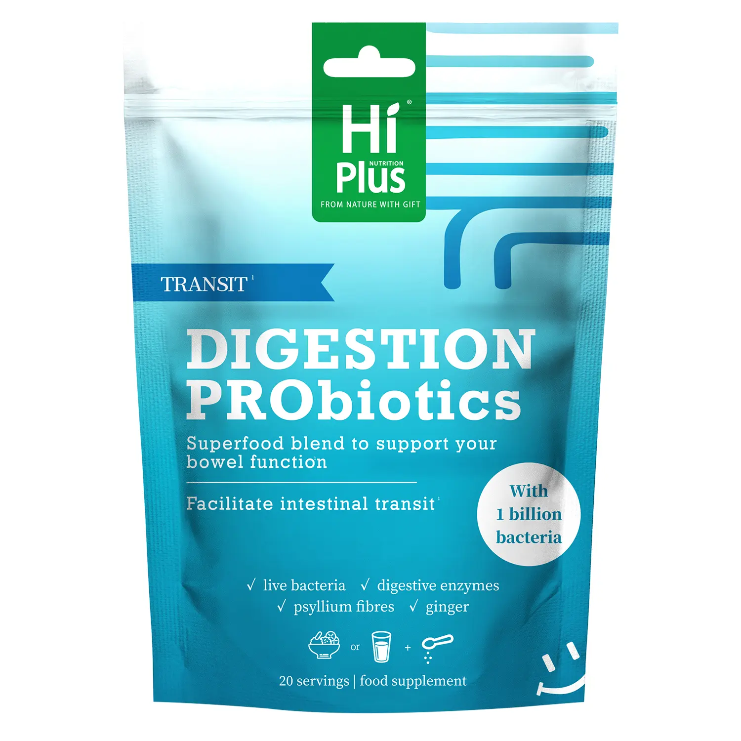 HiPlus Digestive Probiotic Dietary Healthcare Powder - 1B CFU Live Probiotics, Digestive Enzymes, Psyllium Fiber, Ginger, Supplement for Gut Support, Bloating Relief, Regularity, 20 Servings