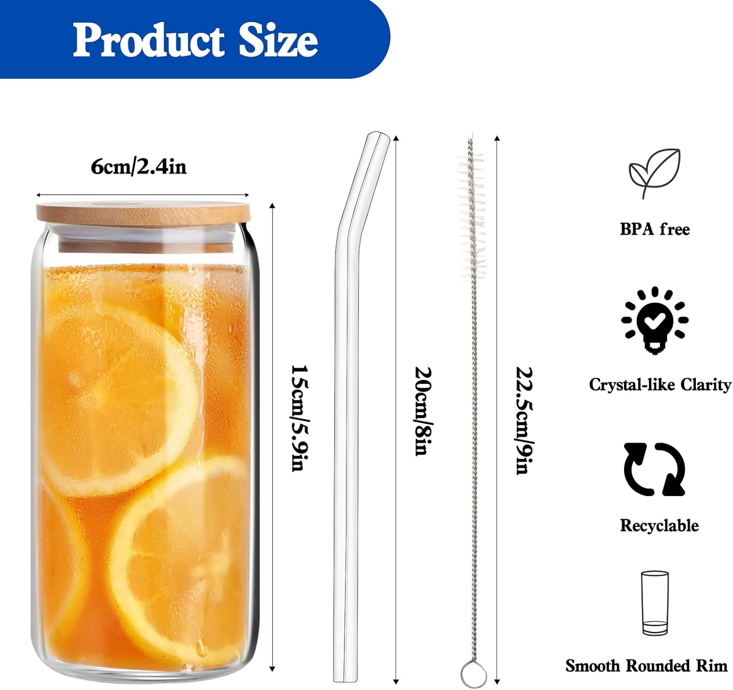 Drinking Glasses with Bamboo Lids and Glass Straws, 4 Set 16oz Iced Coffee Cup, Glass Cups with Lids and Straws, Beer Glasses, Ideal for Water, Cocktail, Whiskey, Soda, Gift