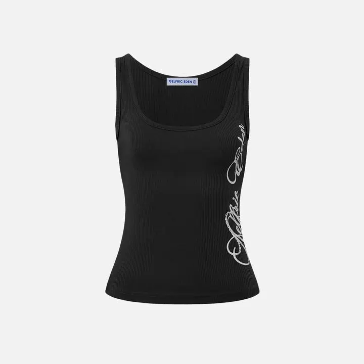Aelfric Eden Graphic Tank Top Slim Cropped Fit Side Cursive Logo Print High-Stretch Ribbed Fabric Classic U-Neck Y2K Cute Streetwear Women's Top,back to school,back to school shopping,clothes for back to school,first day of school outfits