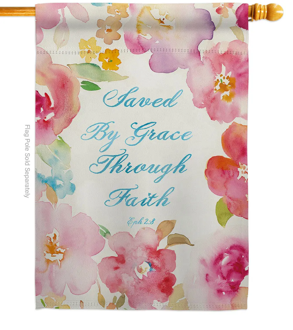 Breeze Decor Saved by Grace House Flag Religious Bible Verses 28 x 40 in. Double-Sided Decorative Vertical Flags for Decoration Banner Garden Yard Gift