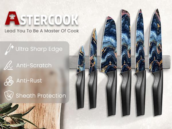 Astercook 6 Pcs Stratigraphic Series Kitchen Knife Set, German High Carbon Stainless Steel Dishwasher Safe Blade Block,  Kitchen Knives Cutting