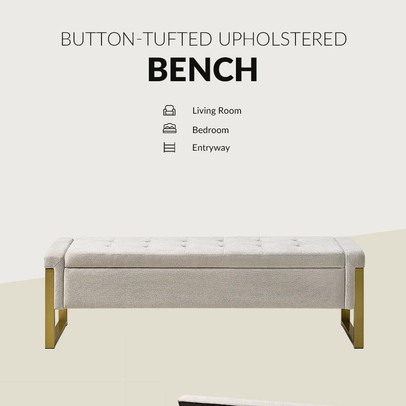 Hulala Flora Modern Upholstered Flip Top Storage Bench, button tufted top, sturdy metal frame, gunmetal finish, sufficient storage space, flip-top mechanism, end-of-bed bench, for living room, bedroom and entryway Hulala Flora Modern Upholstered Flip Top Storage Bench, button tufted top, sturdy metal frame, gunmetal finish, sufficient storage space, flip-top mechanism, end-of-bed bench, for living room, bedroom and entryway