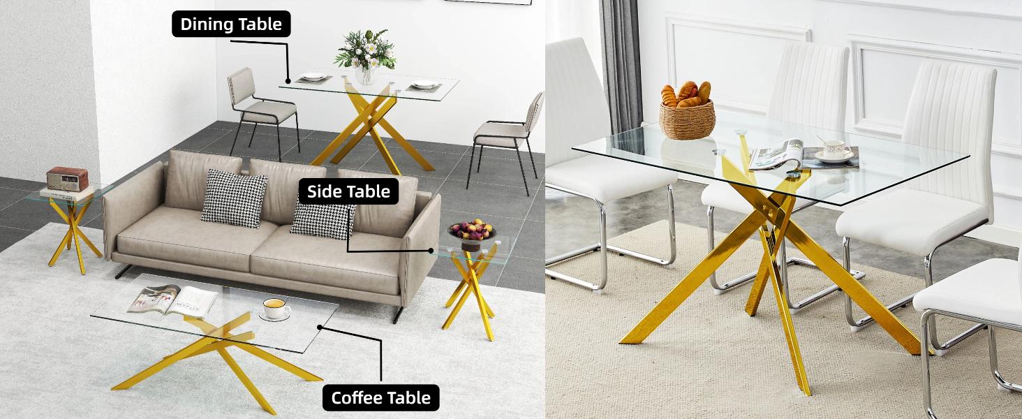 51.18" Rectangular Clear Tempered Glass Dining Table,Stylish Design with Silver Metal Tubular Legs, Dining Table for Dining Room（Only Table）