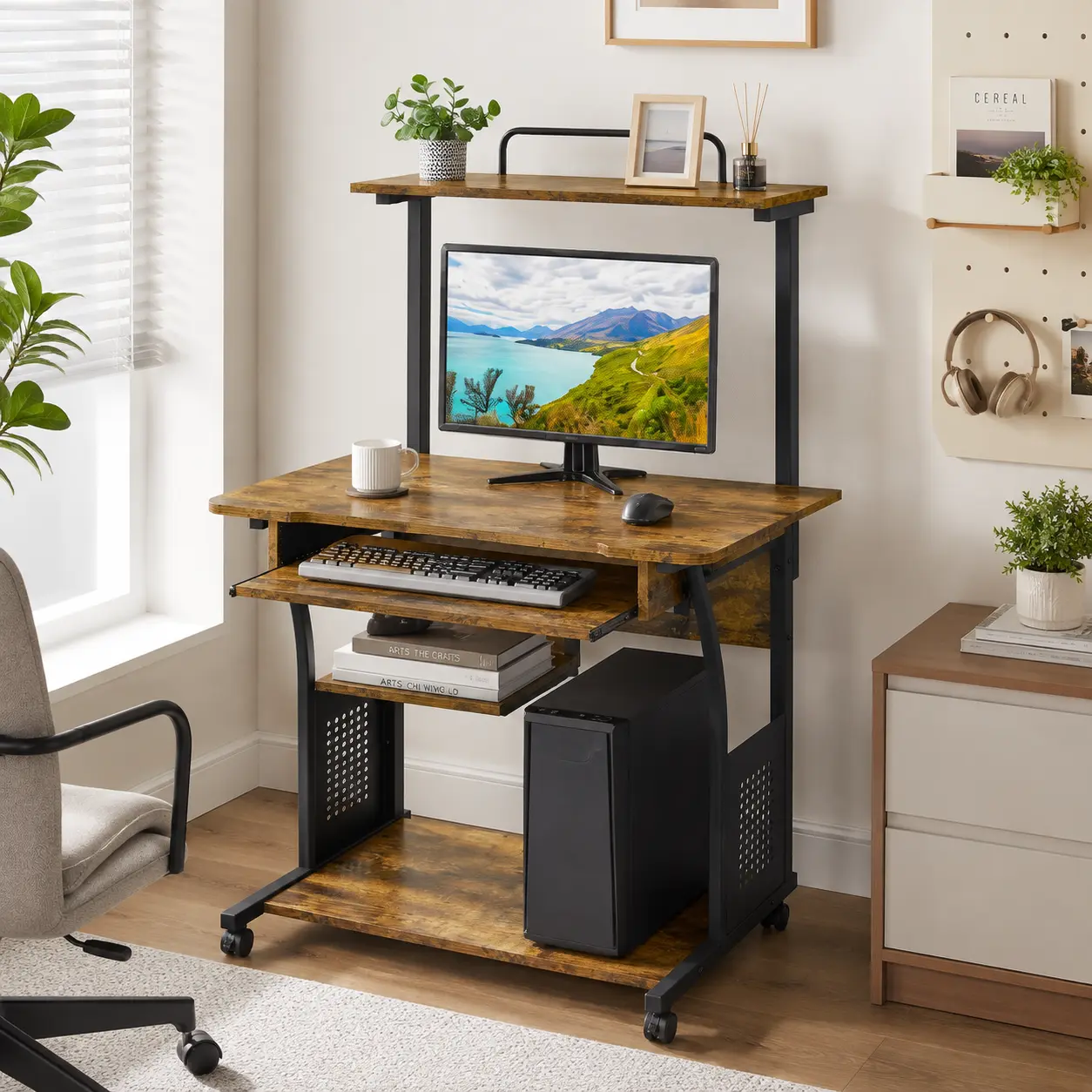 Costoffs 3-Tier Portable Laptop Desk - Sturdy Office Furniture with Iron Frame, Particle Board, Rolling Base, Slide-Out Keyboard Tray, Printer Shelf, Multi-Level Shelves, PC Table for Computer, Gaming Desk Setup, Home Office Ideas & Small Spaces