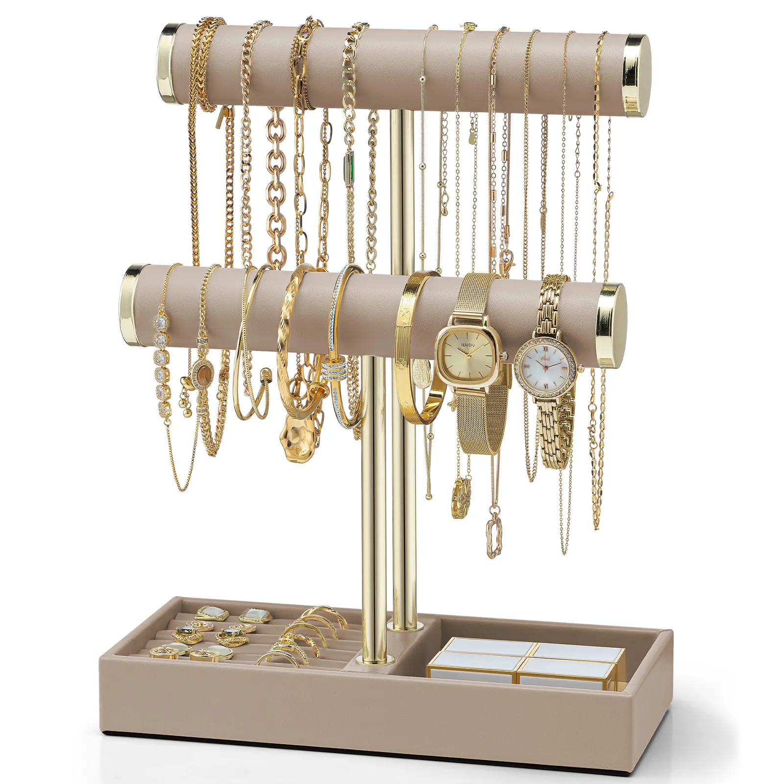VLANDO Classic 2/3-Tier Faux Leather Jewelry Organizer Storage Stand with Tray -  Home Organizer for Women, Necklaces, Watches, Rings, Earrings, Bangles, Scrunchies, Dorm Essentials, Home Decor