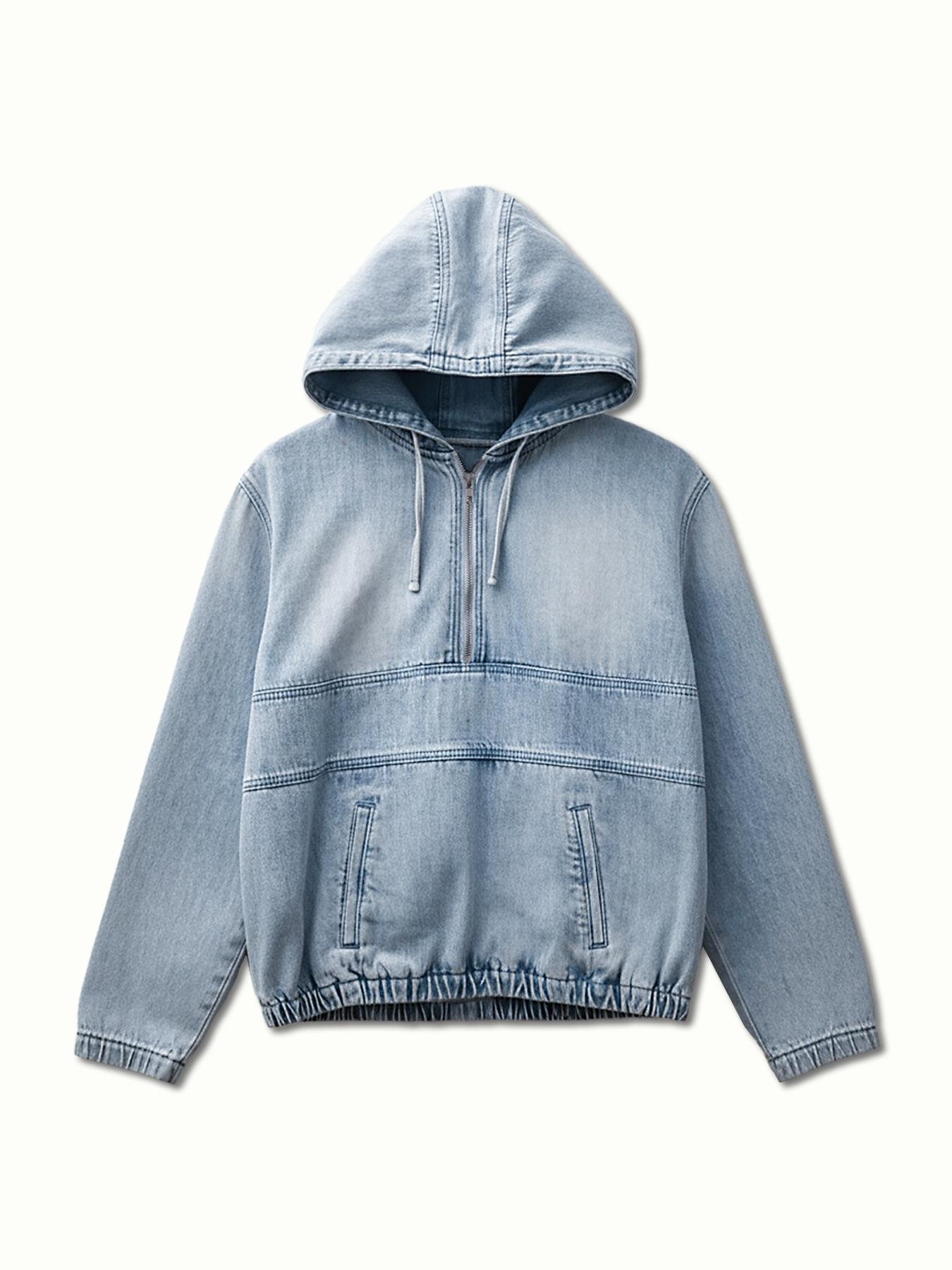 USBoutique Chic [S-5XL] Women's Half Zip Denim Hoodie Pullover Jacket Jean Tops Casual