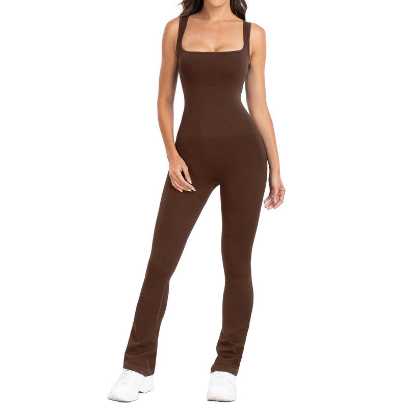 Long Sleeve Flare Wide Leg Jumpsuits Square Neck Full Length Jumpsuits