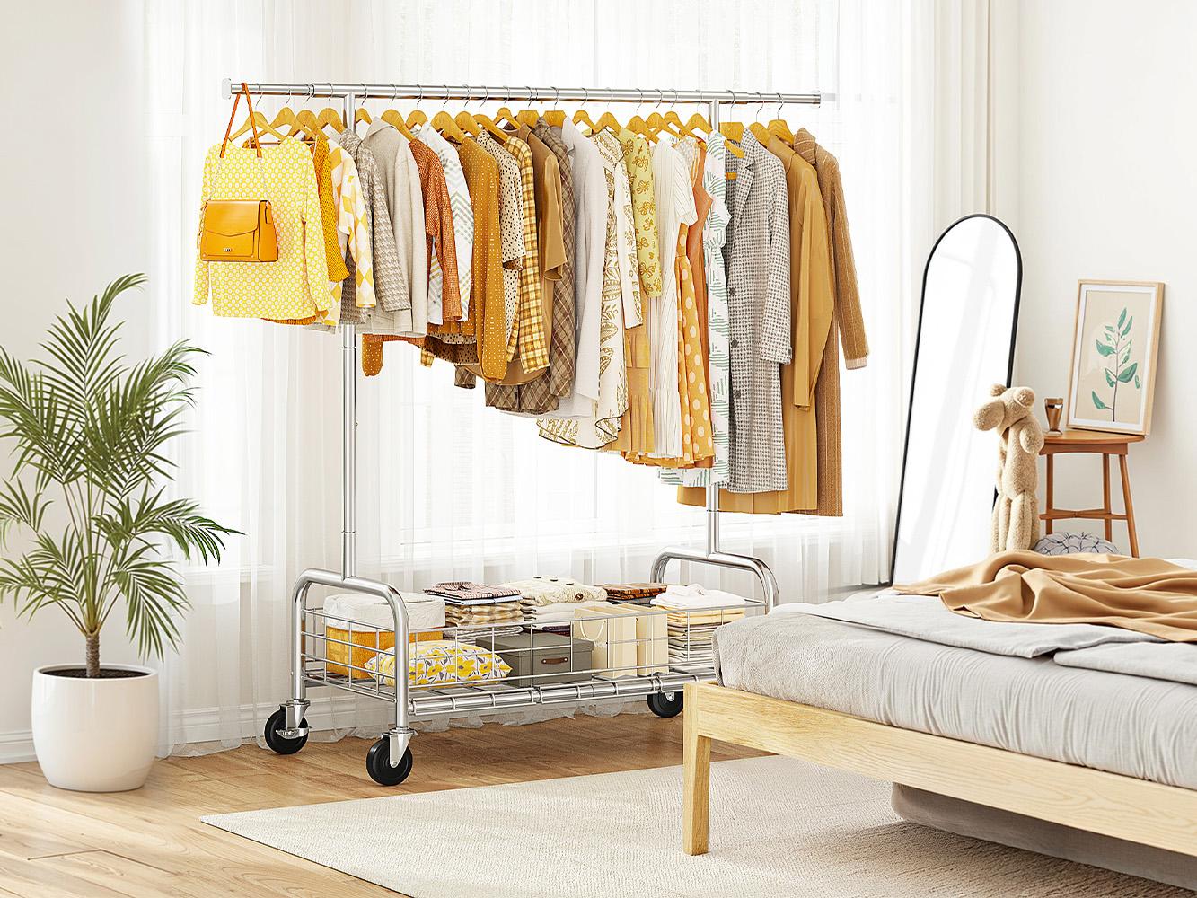 Raybee Clothes Rack Load 400 LBS, Rolling Heavy Duty Clothes Rack with Sturdy Wheels & Basket, Portable & Adjustable & Commercial Garment Rack, Chrome