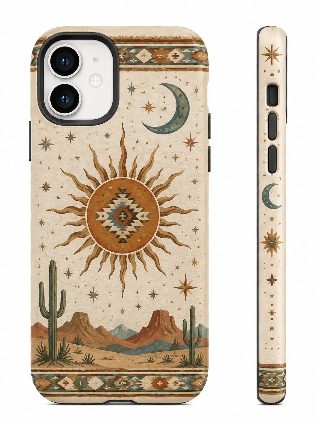 Celestial Western Phone Case – Boho Sun Moon Stars Desert Cactus Southwestern Protective Cover