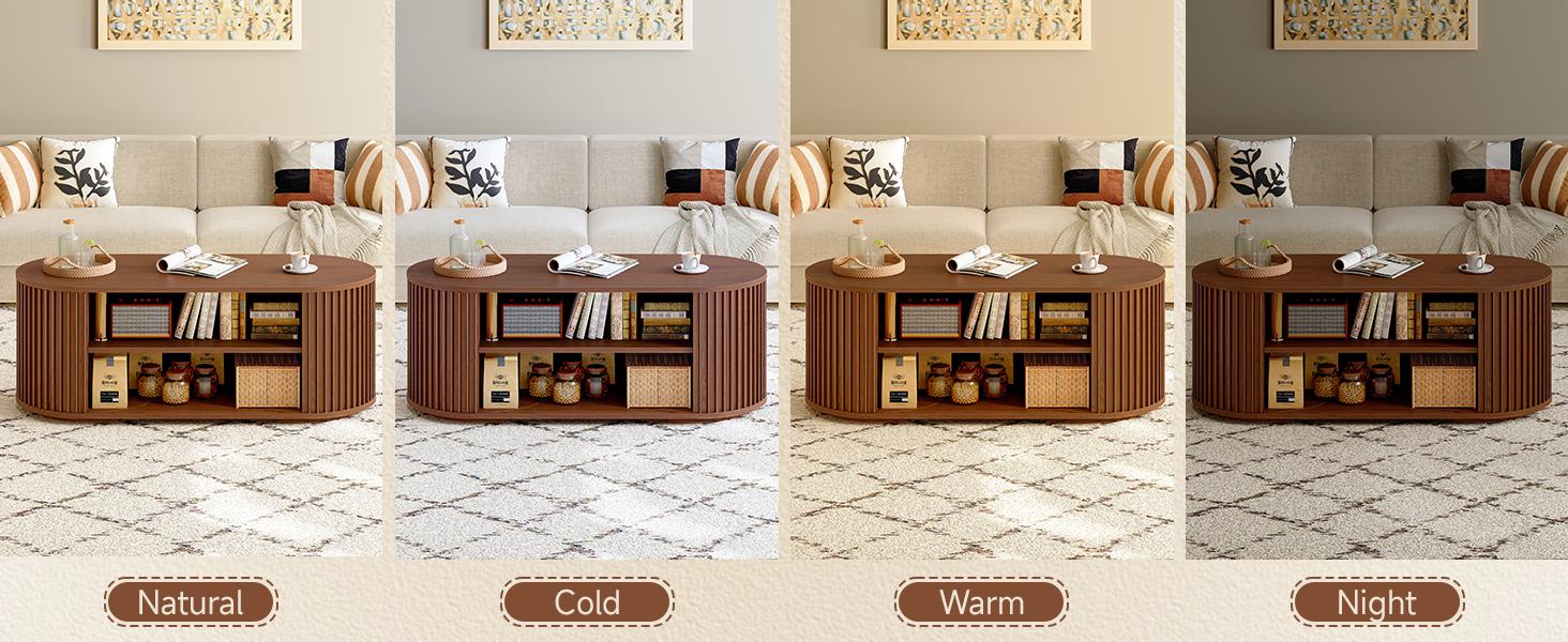 ONBRILL 47" Multi-Functional Coffee Table with Storage, Oval Coffee Table with Vertical Striped Sliding Door & Round Base, Mid-Century Modern Center Table with Adjustable Shelf for Living Room