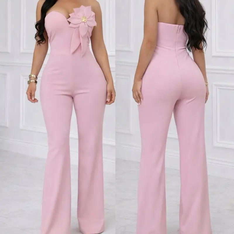 Women's Chic Pink Strapless Jumpsuit with Statement Flower, Elegant High-Waist Flare Leg for Parties & Special Occasions, Jumpsuits For Women