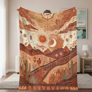 Boho Sun and Moon Flannel Blanket Desert Landscape and Cactus Print Soft Warm Cozy Texture Fade Resistant and Lightweight Perfect for Bedroom Decor Sofa Throw Camping Bohemian Home Gift Autumn Relaxation Use