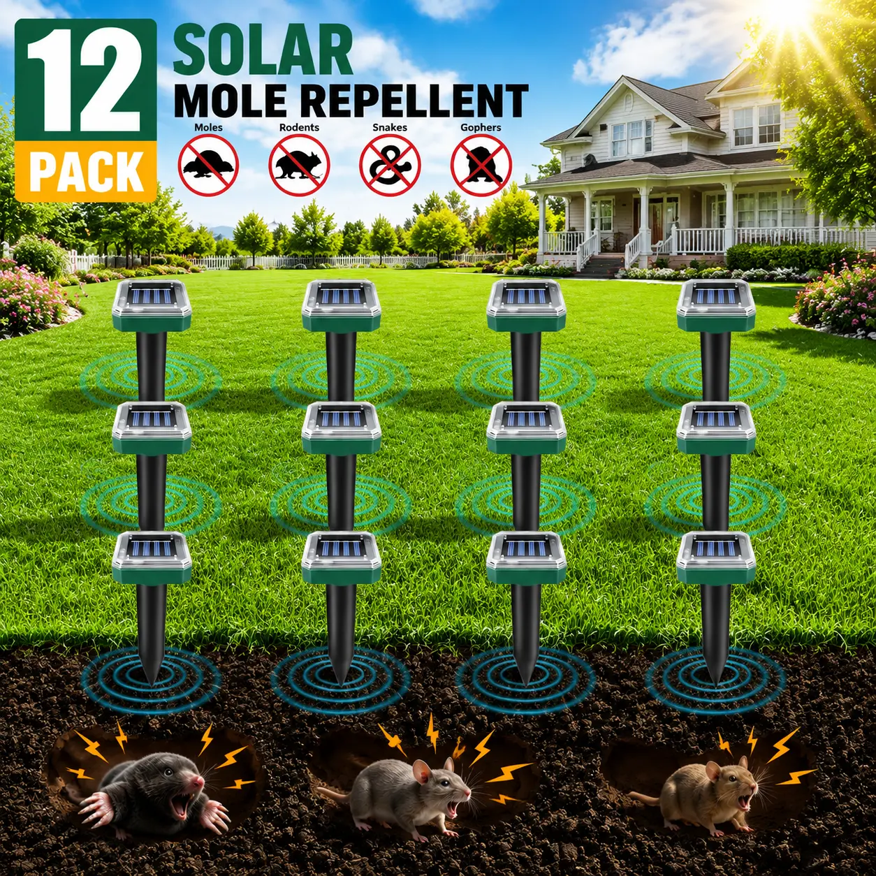 Snake Repellent Mole Repellent, 12 Pack Gopher Repellent Solar Power Ultrasonic Vole Gopher Repellent Sonic Waterproof Spikes Stakes for Garden Yard