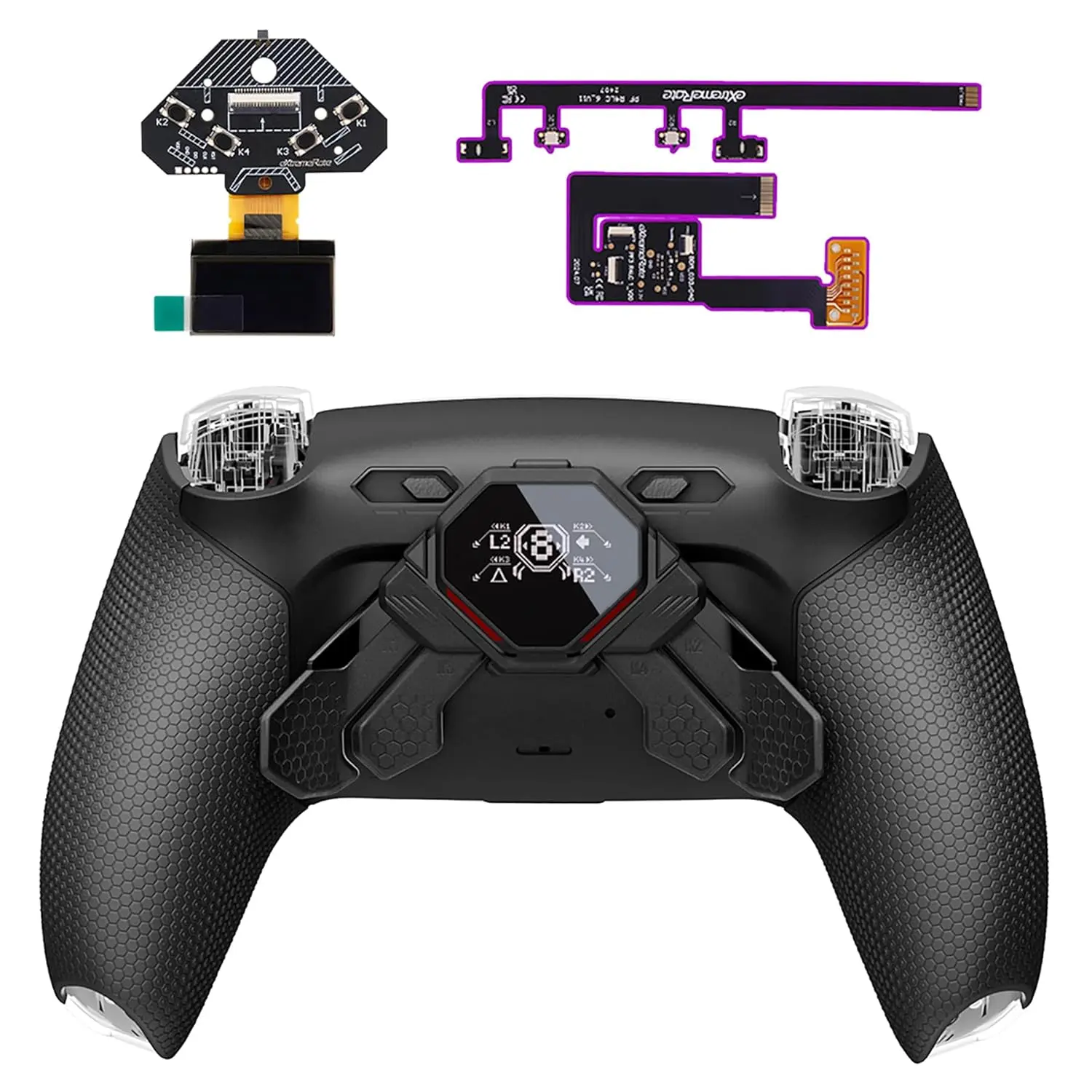eXtremeRate Spark Paddles Kit for PS5 Gamepad (BDM-030, 040, 050, 060) - OLED Display, Clicky Trigger Stops, Ergonomic Rubberized Grips, Remappable 4 Back Buttons, Screwdriver for E-Sports Enthusiasts, Game Use, Grip and Feel Improvement, Handle