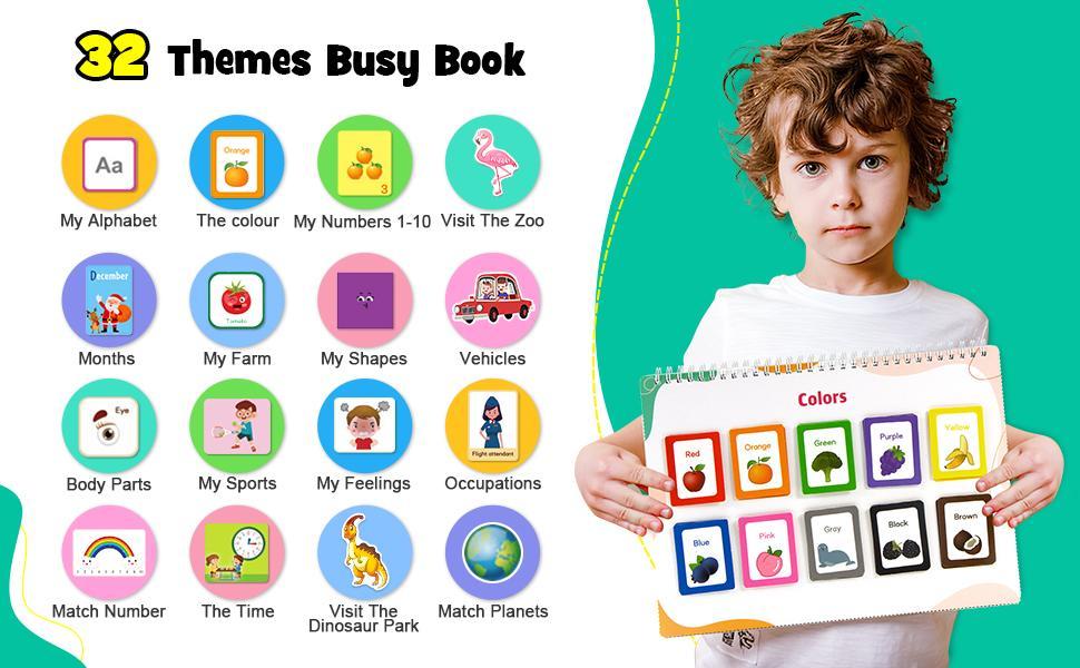Montessori Busy Book, Preschool Learning Activity Book for Toddlers - 32 & 35 Themes Alphabets, Educational Learning Tools for kids and toddlers