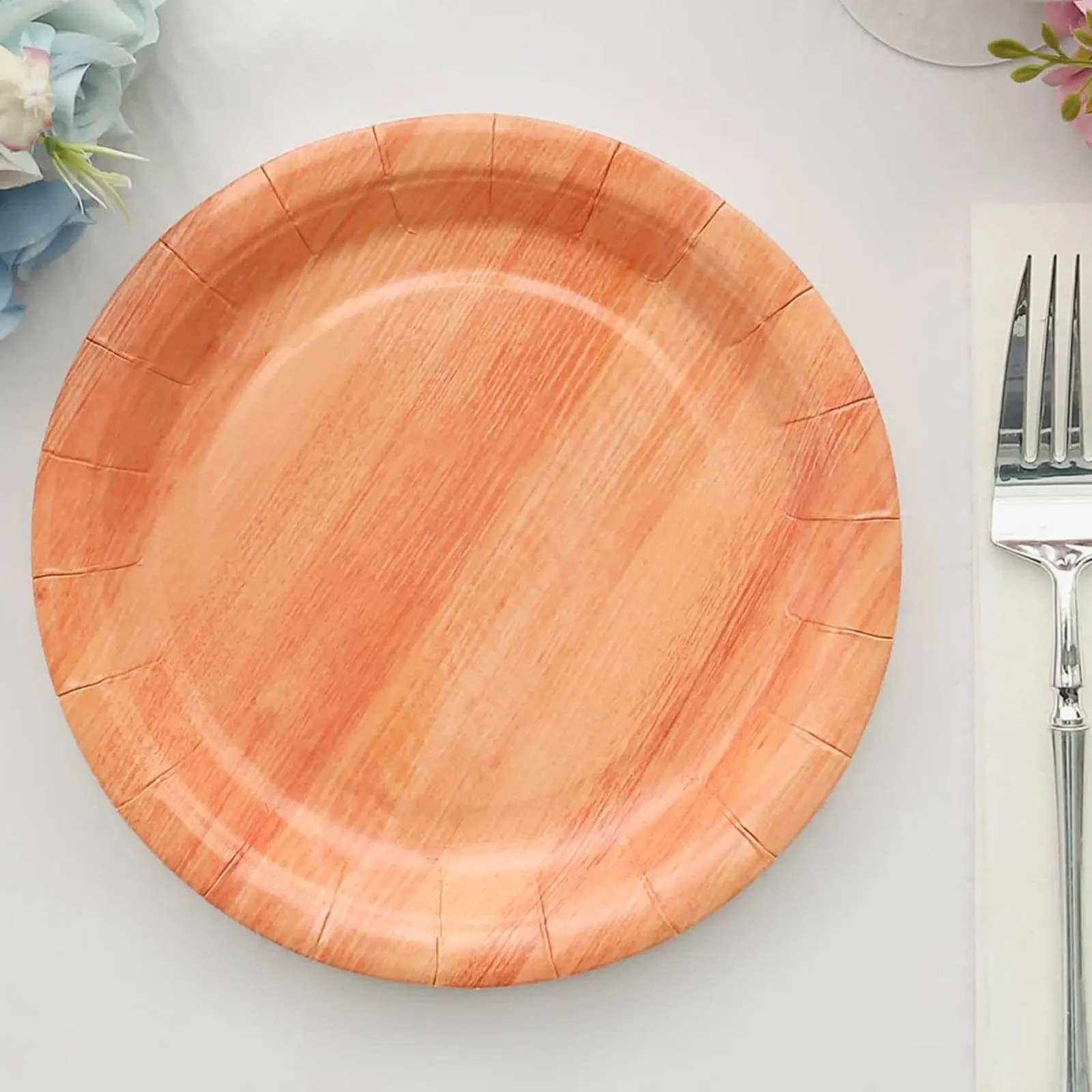 25-Pack 7" Disposable Paper Round Dessert Plates - Natural Wood Grain Print, Rustic Farmhouse Style, Party Plates, Wedding Disposable Dinnerware, Salad Servers, Salad Serving Plates
