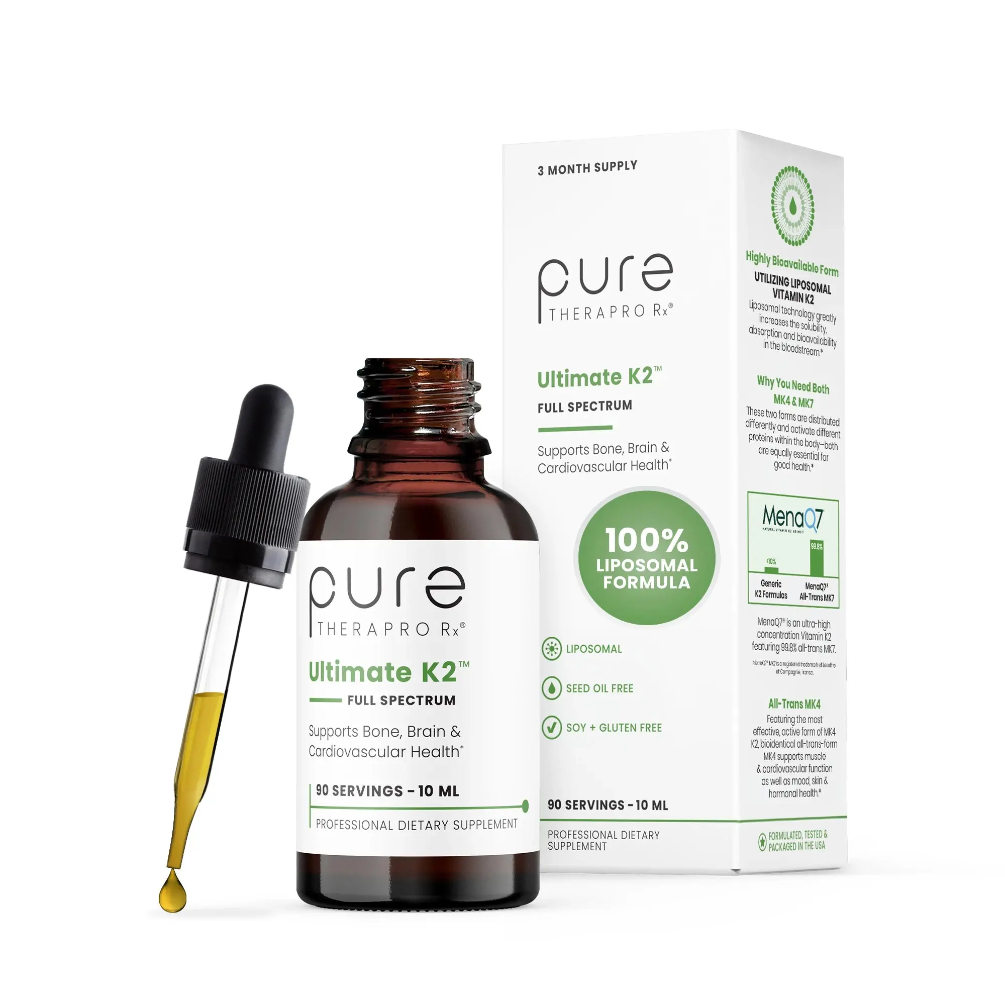 Vitamin K2 Supplement | Ultimate K2 by Pure TheraPro Rx | 600 mcg | Liposomal Liquid Drops in a Base of Certified Organic MCT Oil ] MK- 10 ML Bottle