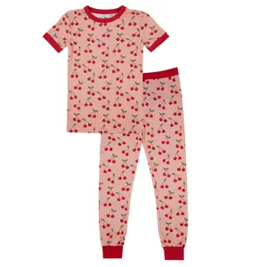 Very Cherry Two-Piece Bamboo Short Sleeve Pajama Kids Pants Set