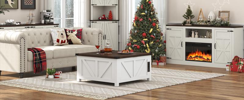 Farmhouse Coffee Table with Storage, Wood Square Center Table with Charging Station & USB Ports, Lift Tabletop Central Table with Large Hidden Space, for Living Room, Bedroom, Home Office