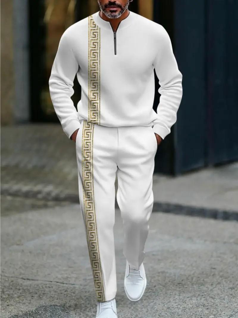 Men's half zip-up sweatshirt and pants set with Greek key design details, stylish sports outfit suitable for casual streetwear