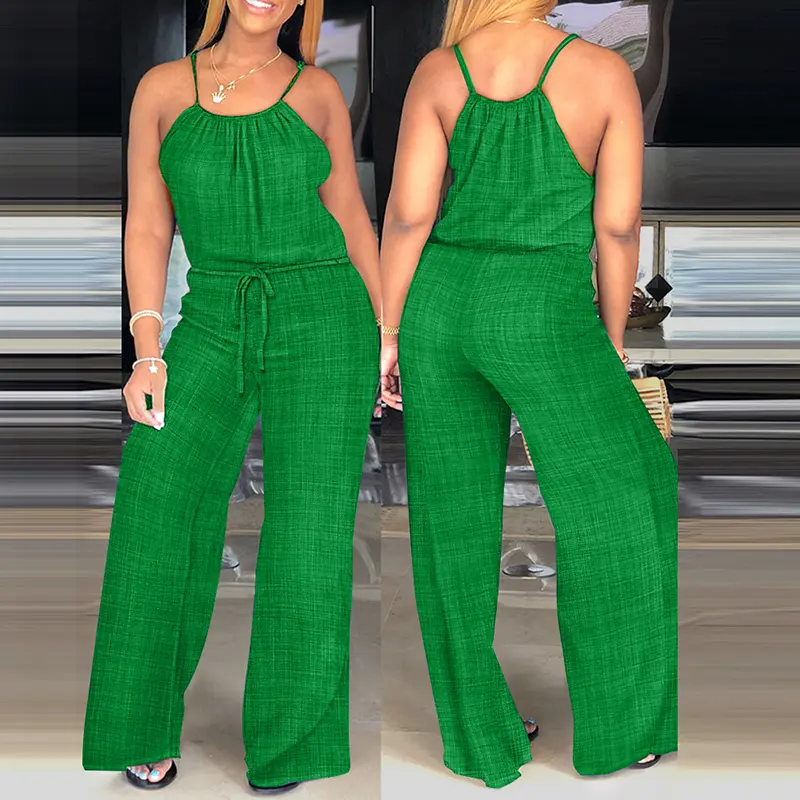 CHICME Women's Spaghetti Strap Drawstring Casual Jumpsuit