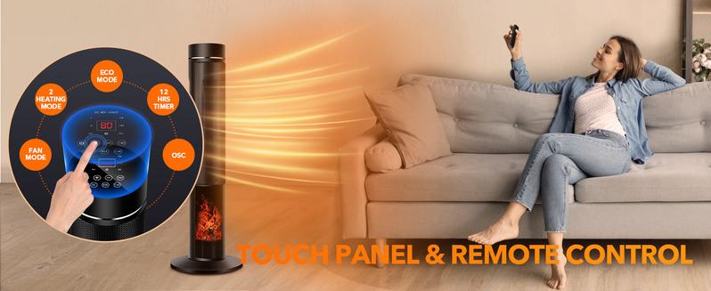 36 inches 1500W Electric Tower Space Heater with 3D Realistic Flame, Remote, Fast Heating, Adjustable Thermostat,3 Modes, Overheating &Tip-over Protection, Oscillating for Indoor Use Portable
