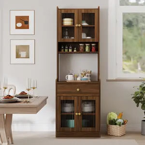 Farmhouse Kitchen Pantry Hutch Storage Cabinet Walnut Finish 23.62x15.75x70.87 Freestanding Buffet Sideboard with Microwave Stand & Adjustable Shelves