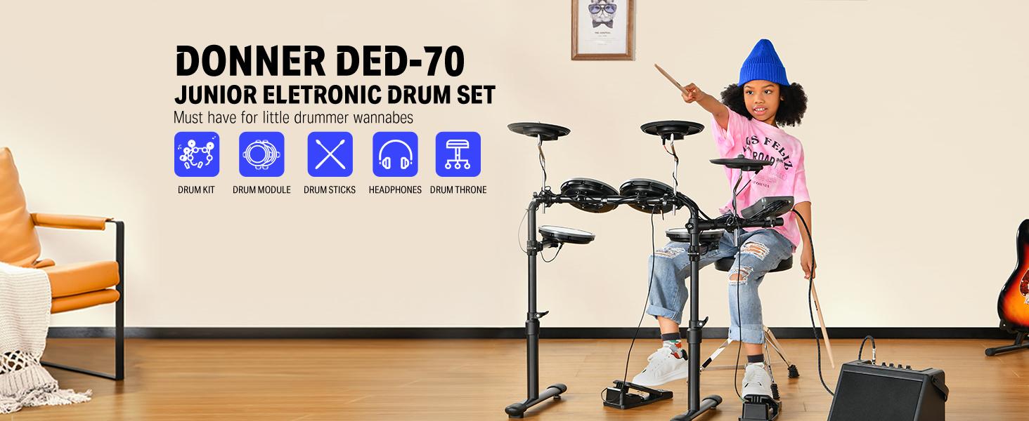Donner DED-70 Electric Drum Set, Electric Drums with 4 Quiet Mesh Drum Pads, 2 Switch Pedal, Portable and Solid Drum Set with Type-C Charging, 68+ Sounds, Throne, Headphones, Sticks, Melodics Lessons