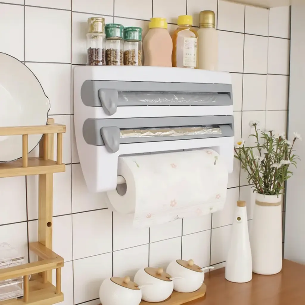 3-in-1 Wall-Mounted No-Drill Kitchen Organizer - ABS & Metal Compact Fit Surface Mount, Meal Prep Wrap/Foil/Towel Holders & Slide Cutter, 60 Seconds 1-Piece Adhesive Tape Installation Space Saver