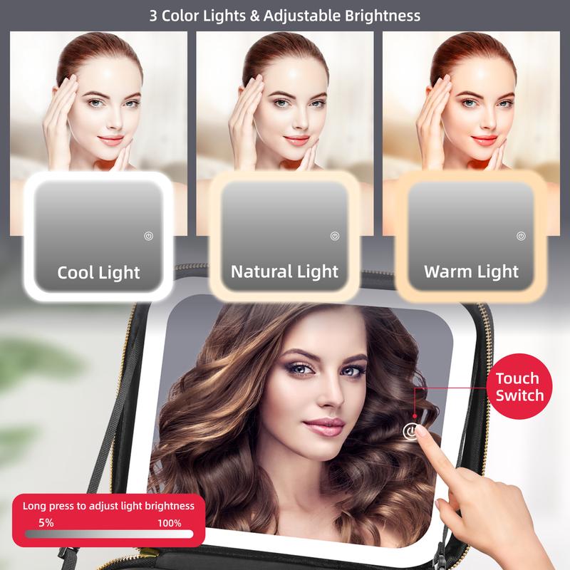 Portable Travel Makeup Bag with LED Mirror, 3 Color Light Settings, Rechargeable Cosmetic Organizer Case for Women, Portable Vanity Box for Beauty Essentials Zip