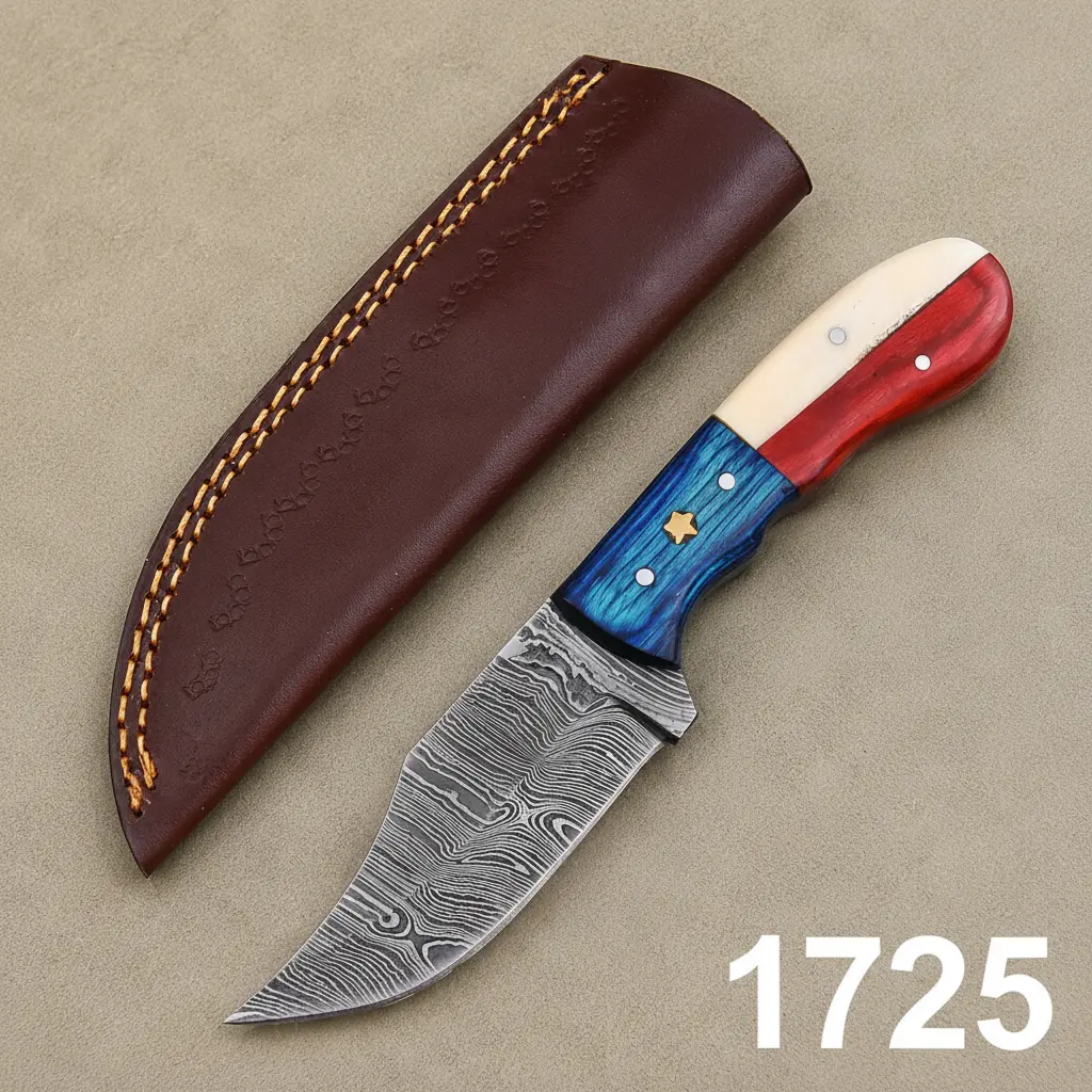 Republic Forge Damascus Steel Knife – 512-Layer Hand Forged Fixed Blade with Texas Flag Bone & Wood Handle, Leather Sheath