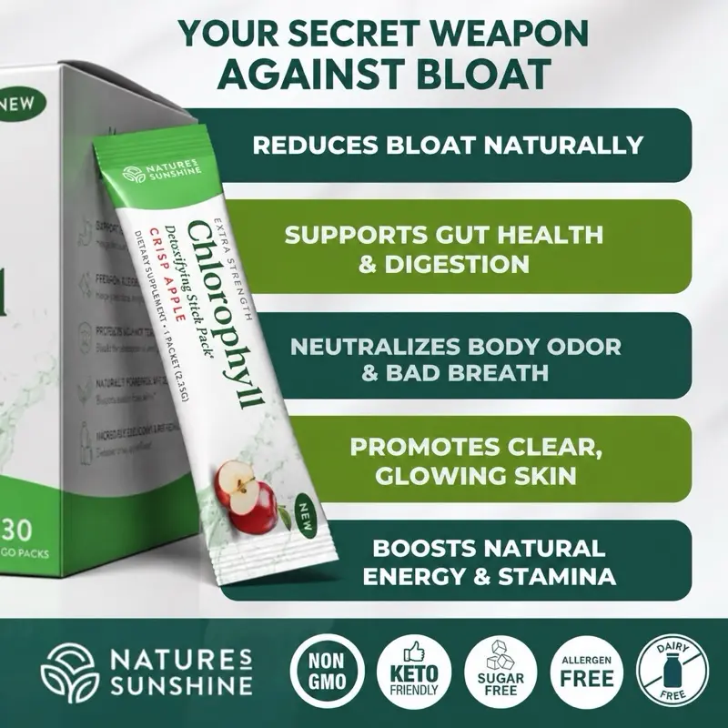 Nature's Sunshine Chlorophyll Stick Packs: Crisp Apple. Gut Health Hero- Detox, Reduce Bloat, Clear Skin, Support Digestion, Boost Energy Healthcare